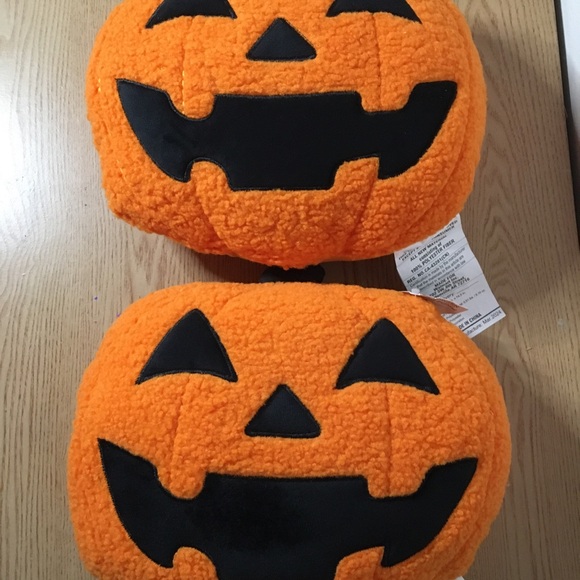 New Bundle 2 Halloween Black/Orange Pumpkin Decorative Pillows size 15”x12”x5.5” - Picture 6 of 8